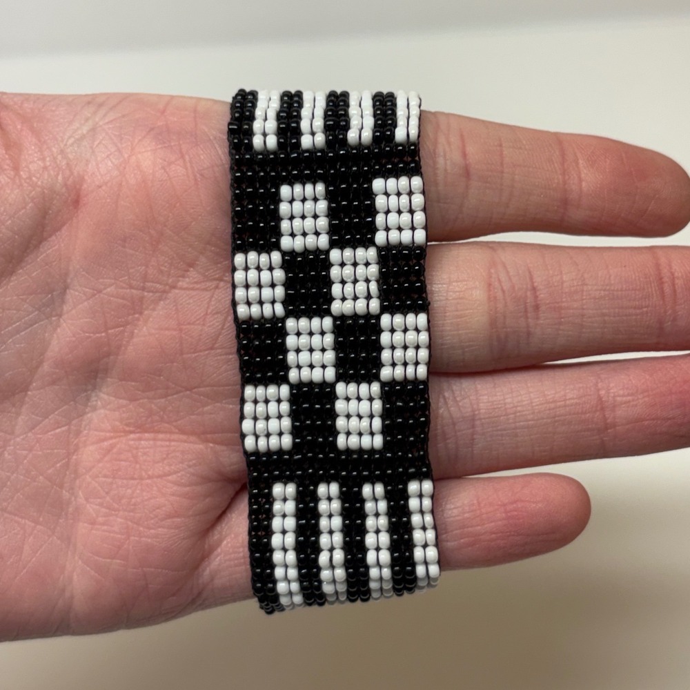 Handmade Black White Seed Bead Wide Band Ring Checkerboard Stripes Size 6.25